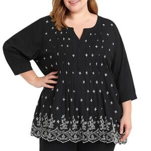 Woman Within Top 3/4 Sleeve Embroidered Floral Comfort Versatile Black White 3X